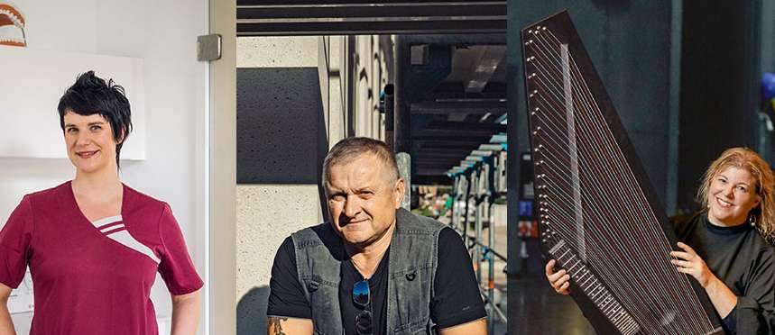 Leben mit Herz, Hand und Fuss: Anja Rittner (Zahnmedizinische Fachangestellte), Gerüstbauer Mirko Blago Jevic auf der Baustelle, Musikerin Rosalyn Sabo und ­Strassenbauer Thomas Böhnlein. Fotos: Basti Arlt, Ramon Haindl und Thomas Victor