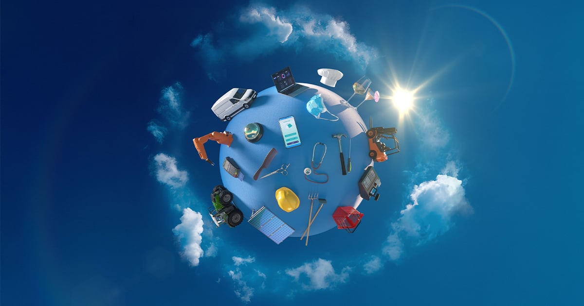 Allianz - Unternehmensschutz Angebot: Eine Animierte Welt mit verschiedenen Gewerken ist sichtbar.