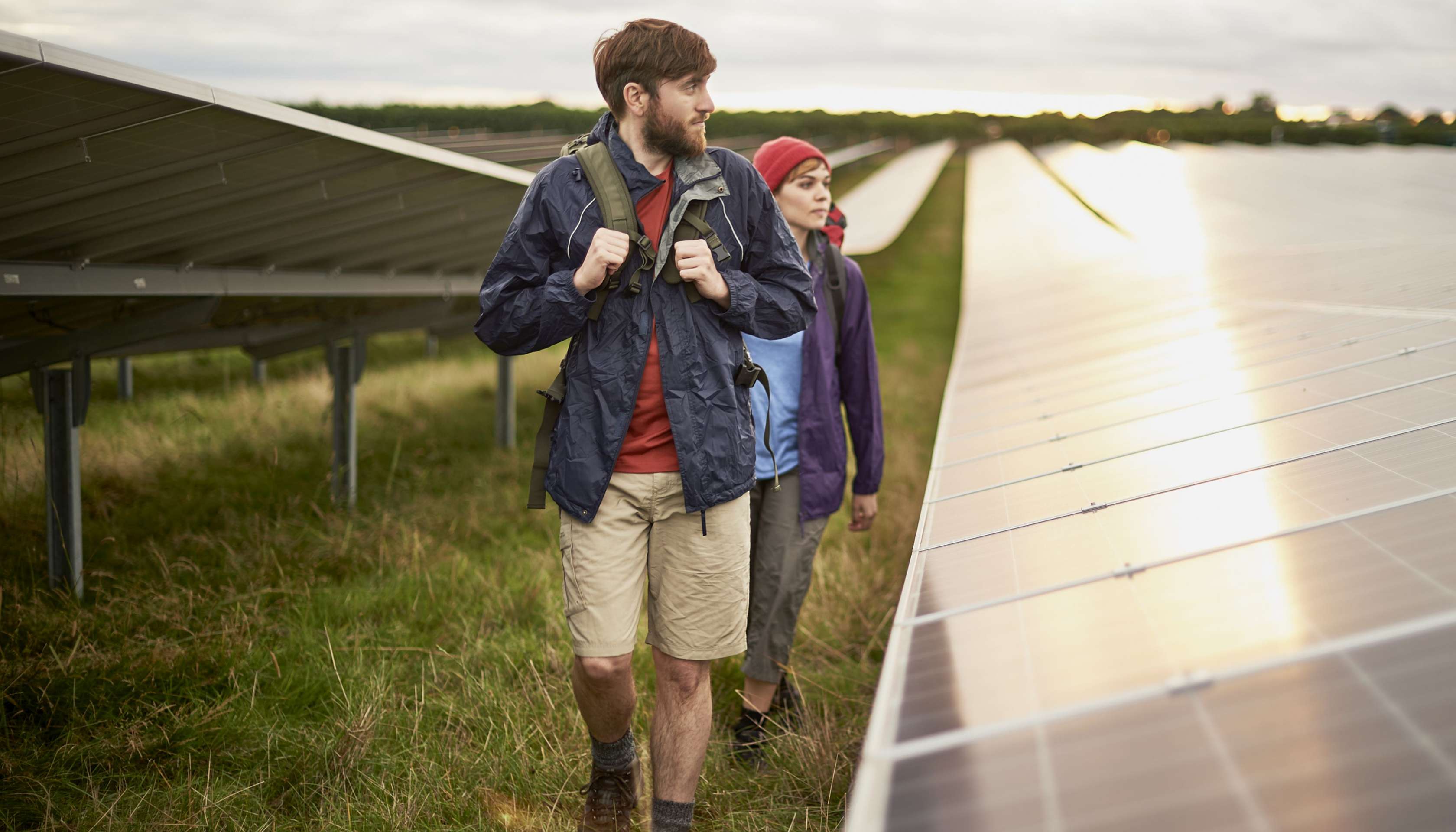 Allianz Kapitalanlage Angebot: Ein junger Mann und eine junge Frau gehen auf einer Wiese mit Solarpanels entlang