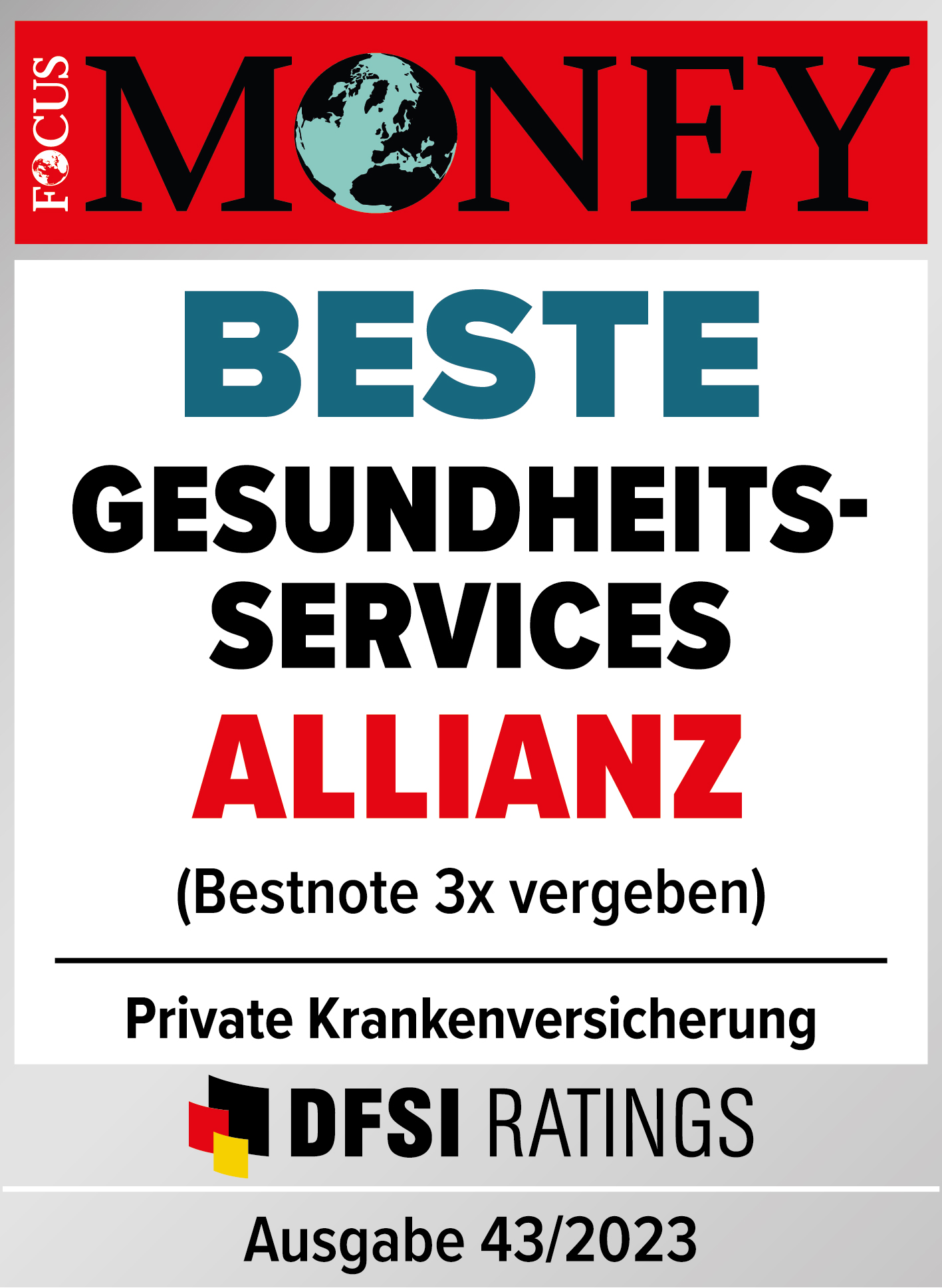 Testsiegel: Allianz Private Krankenversicherung: Beste Gesundheitsservices, augezeichnet von Focus Money, Ausgabe 43/2022