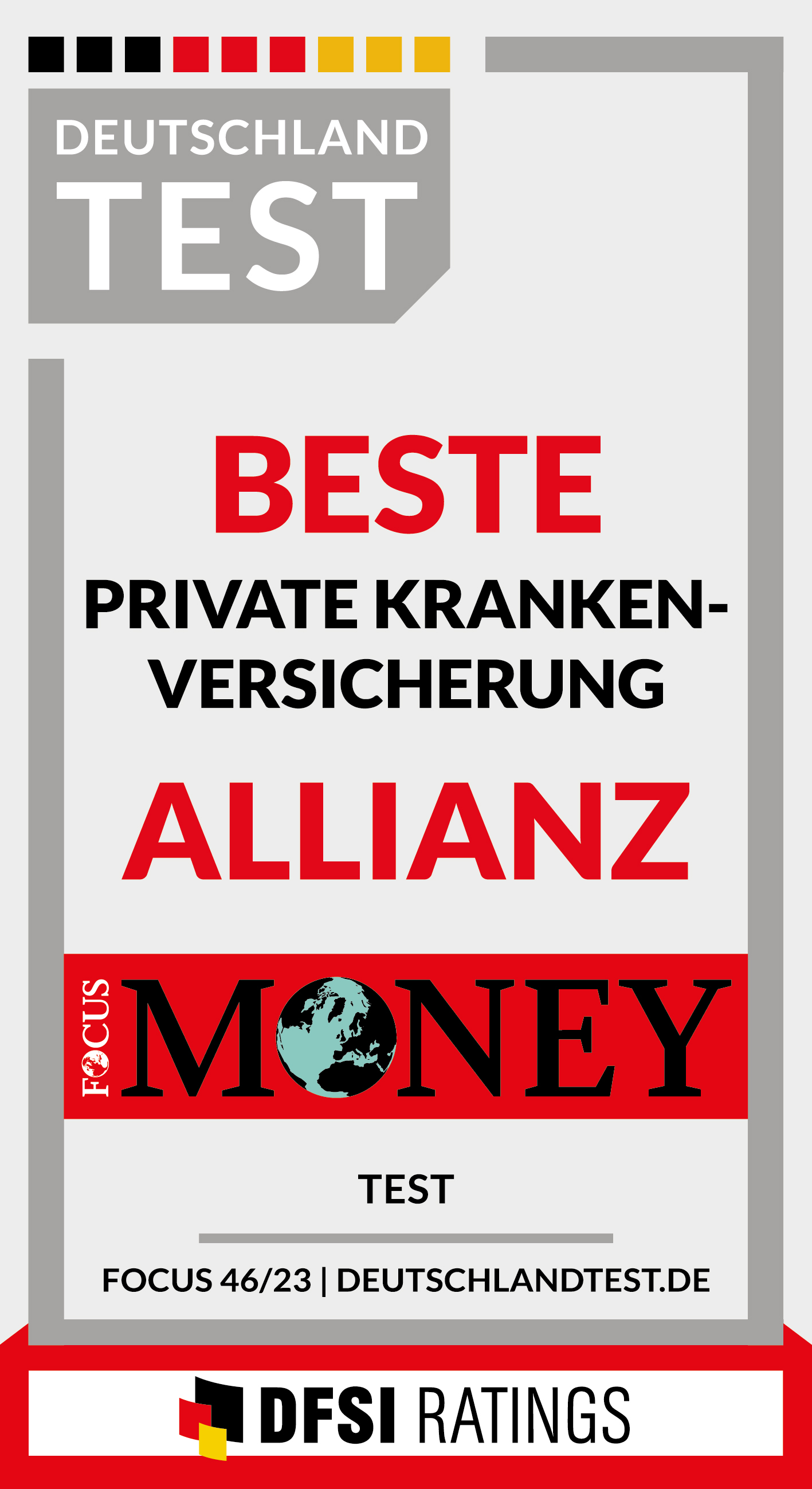 Testsiegel: Allianz Private Krankenversicherung: Beste private Krankenversicherung, ausgezeichnet von Focus Money, Ausgabe 46/2022