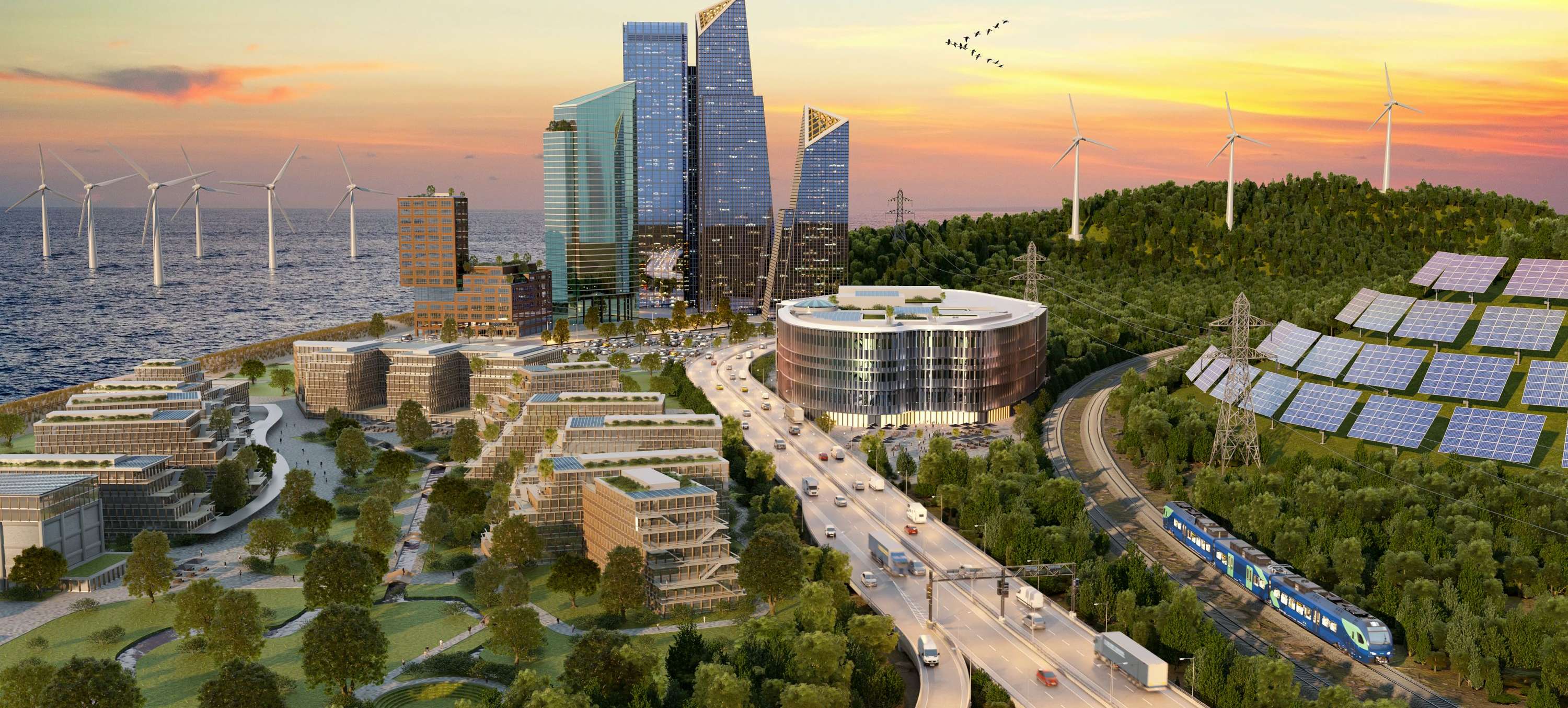 Allianz PrivateFinancePolice. Moderne Stadt am Meer mit Windrädern und Solarpanels.