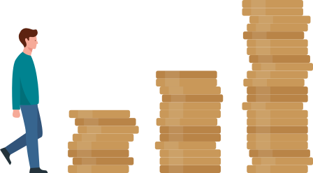 Allianz - Illustration: Mann läuft auf mehrere Stapel Euro-Münzen zu