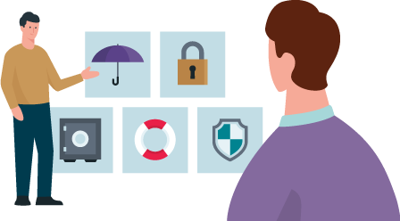  Allianz - Illustration: Mann und Frau stehen vor ihrem Haus und schützen sich mit einem Regenschirm