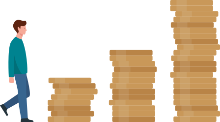 Allianz - Illustration: Mann läuft auf mehrere Stapel Euro-Münzen zu