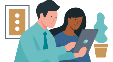 Frau und Mann schauen auf Tablet