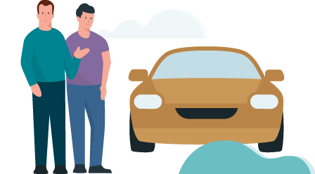 Allianz - Illustration: Zwei Männer neben Fahrzeug