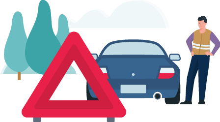 Allianz - Illustration: Warndreieck, im Hintergrund Mann neben seinem Auto
