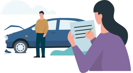 Allianz - Illustration: Frau macht Notizen, im Hintergrund Mann vor beschädigtem Auto