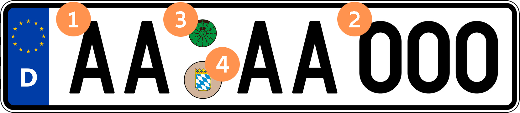 Pkw-Nummernschild mit grüner TÜV-Plakette und Stempelplakette des Freistaates Bayern