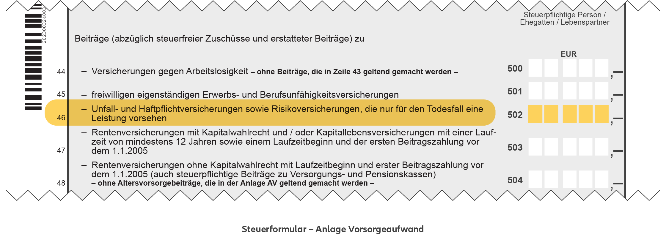 Wer die Kfz-Versicherung bei rein privater Nutzung des Kfz absetzen möchte, trägt die Versicherungskosten im Steuerformular "Anlage Vorsorgeaufwand" unter "Weitere sonstige Vorsorgeaufwendungen" in die farblich hervorgehobene Zeile 46 ein.