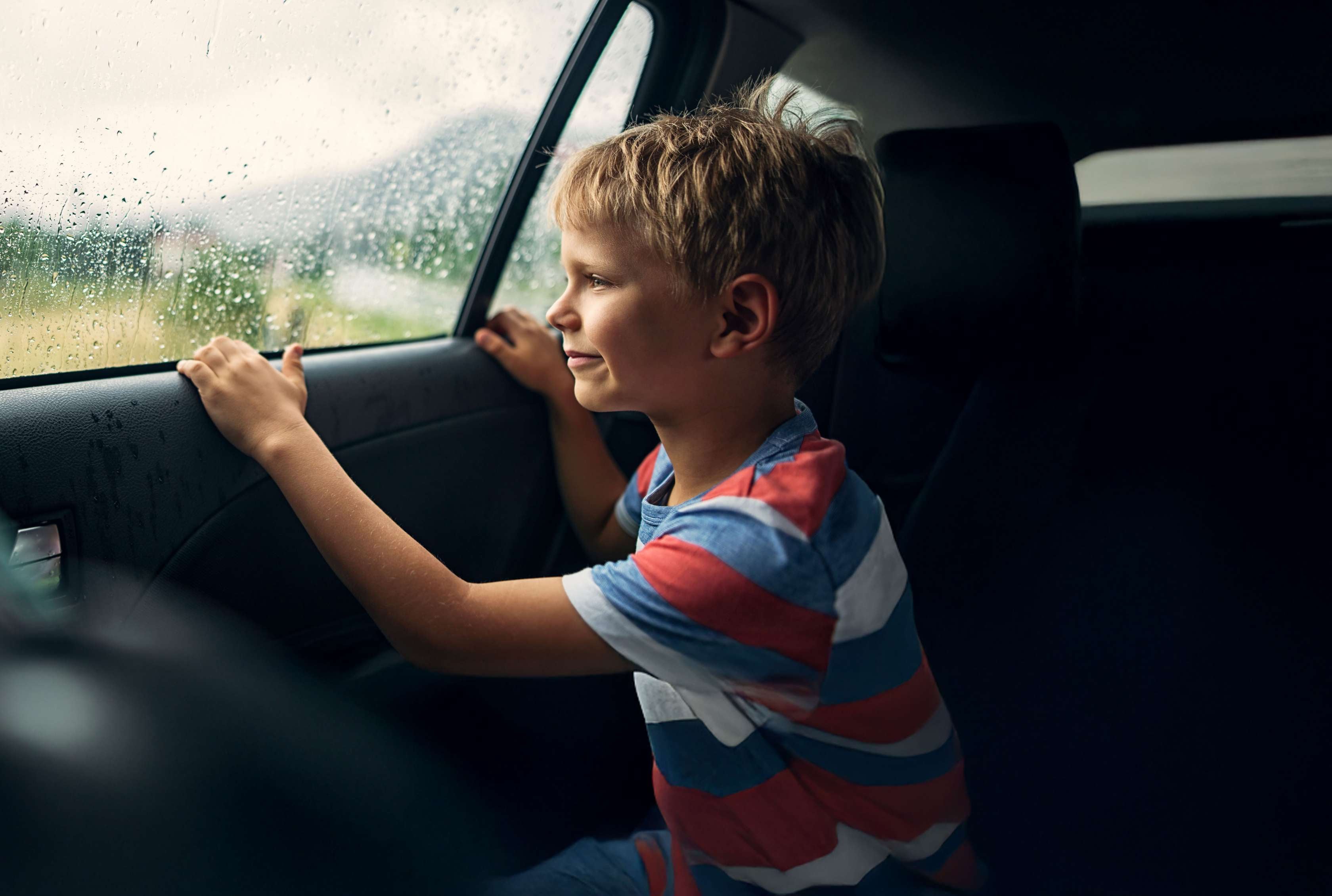 Allianz Teilkasko: Blonder Junge sitzt auf Autorückbank und blickt aus dem Seitenfenster