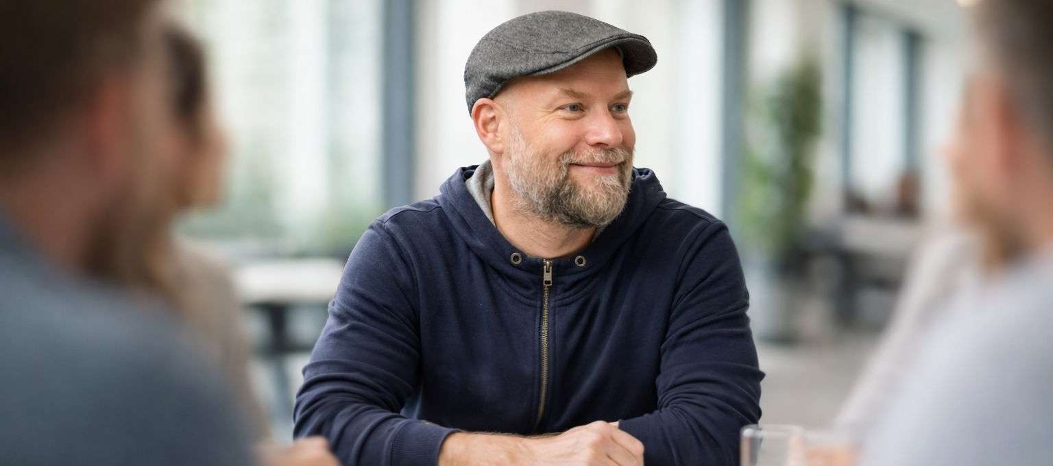 Autorenseite Stefan Weiss: Stefan sitzt am Tisch mit anderen Personen und lächelt.