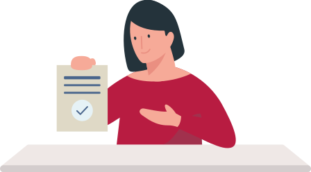 Illustration - Eine Frau sitzt an einem Schreibtisch und hält ein Dokument mit einem Info-i in der Hand. in der Hand.