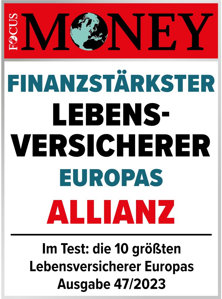 Testsiegel: Focus Money Auszeichnung der Allianz für Finanzstärkster Lebensversicherer Europas.