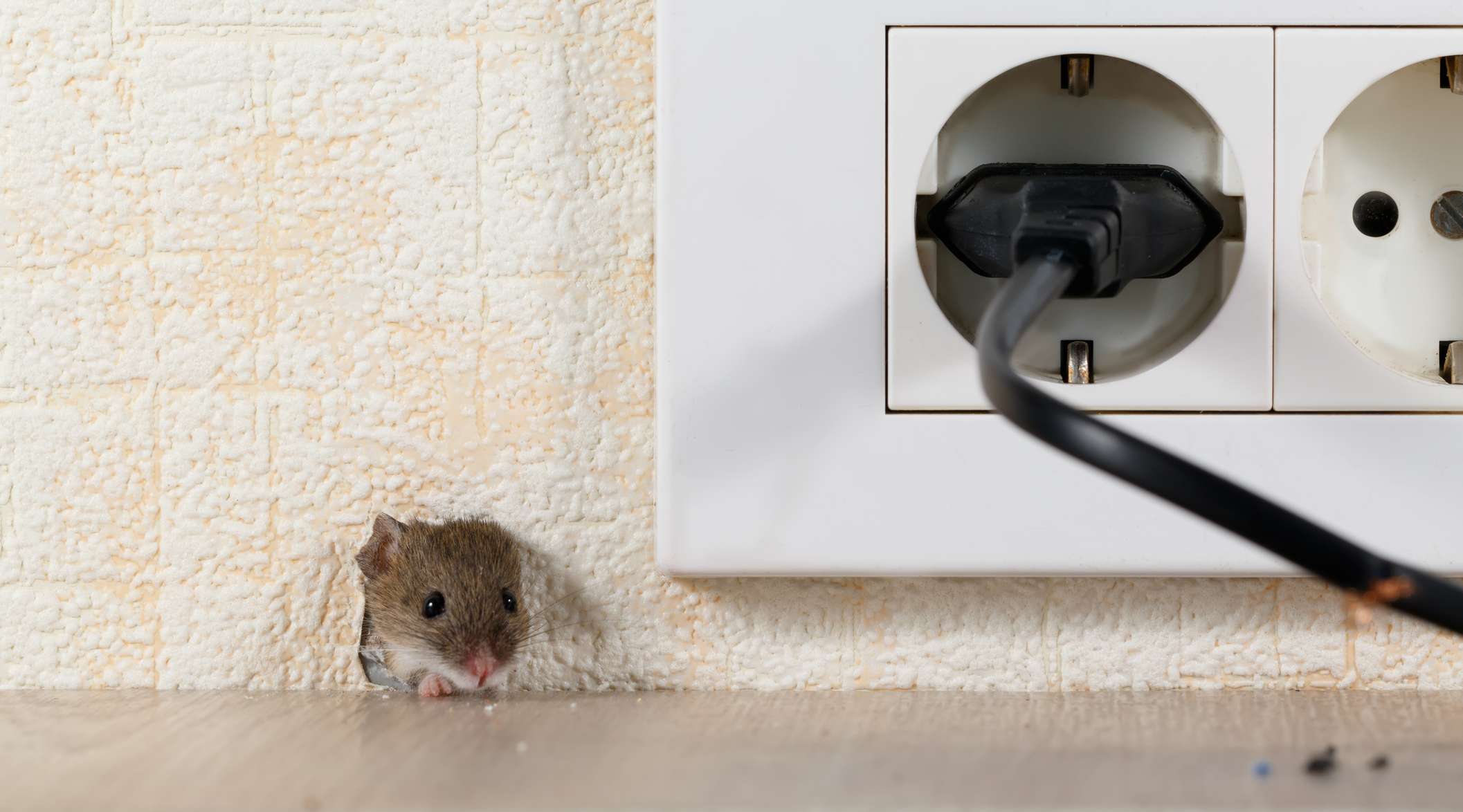 Allianz - Elektronikversicherung: Ein angeknabbertes Kabel, daneben schaut eine Maus aus dem Mauseloch