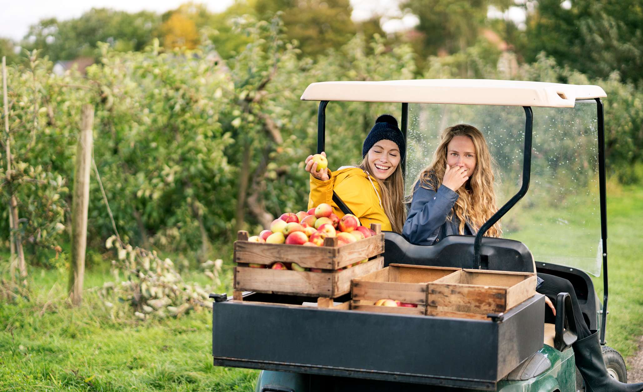 Allianz Land­wirtschaftliche Inhalts­versicherung | Zwei Frauen sitzen auf einem Traktor mit einigen Kisten Äpfeln