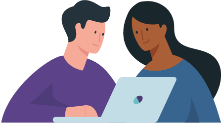 Illustration - Frau und Mann sitzen am Laptop und informieren sich.
