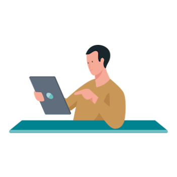 Illustration - Ein Mann sitzt an einem Schreibtisch und hält ein Tablet in der Hand.