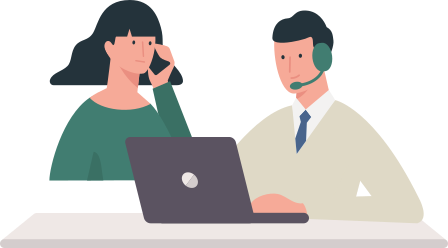 Illustration - Ein Mann sitzt an einem Schreibtisch und telefoniert mit einem Headset. Im Hintergrund ist eine Frau mit einem Telefon zu sehen.