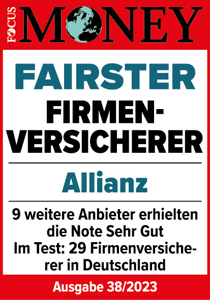 Focus-Money-Siegel: Fairster Firmenversicherer: Allianz. 7 weitere Anbieter erhielten die Note "Sehr gut". Im Test: 29 Firmenversicherer.