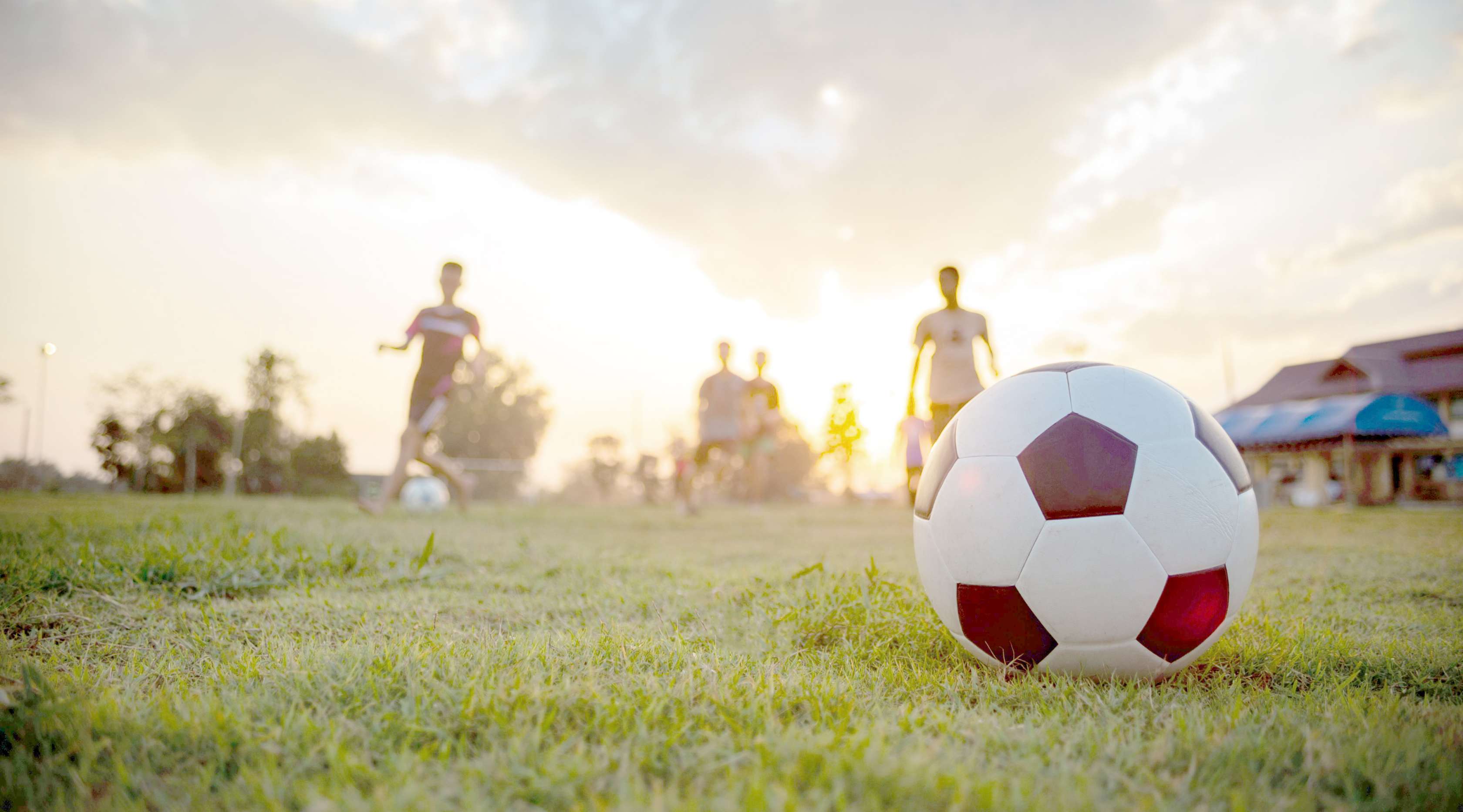 Vereinsversicherung - Ein Fußball liegt im Abendlicht auf einer Wiese, dahinter zeichnen sich vor dem Himmel die Silhouetten einzelner Spieler ab.