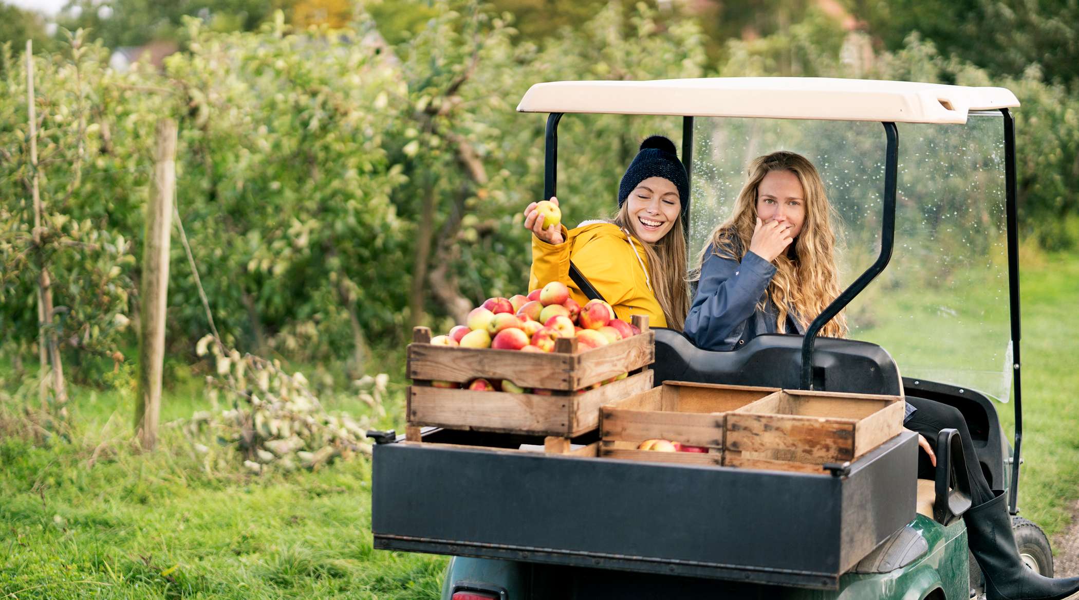 Allianz - Landwirtschaftliche Inhaltsversicherung: 2 Frauen in einem Traktor mit Äpfeln