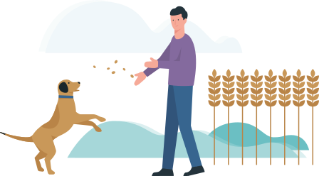 Allianz - Getreide und Stärke: Illustration Mann füttert Hund mit Getreide