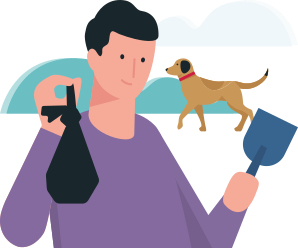 Allianz - Hund im Urlaub - Illsutration: Mann hält Tüte und Schaufel in der Hand, Hund läuft hinter ihm