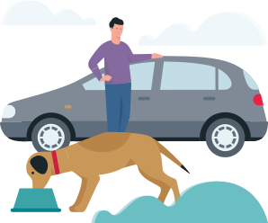 Allianz - Hund im Urlaub - Illsutration: Mann steht am Auto, Hund daneben und trinkt Wasser aus einem Wassernnapf