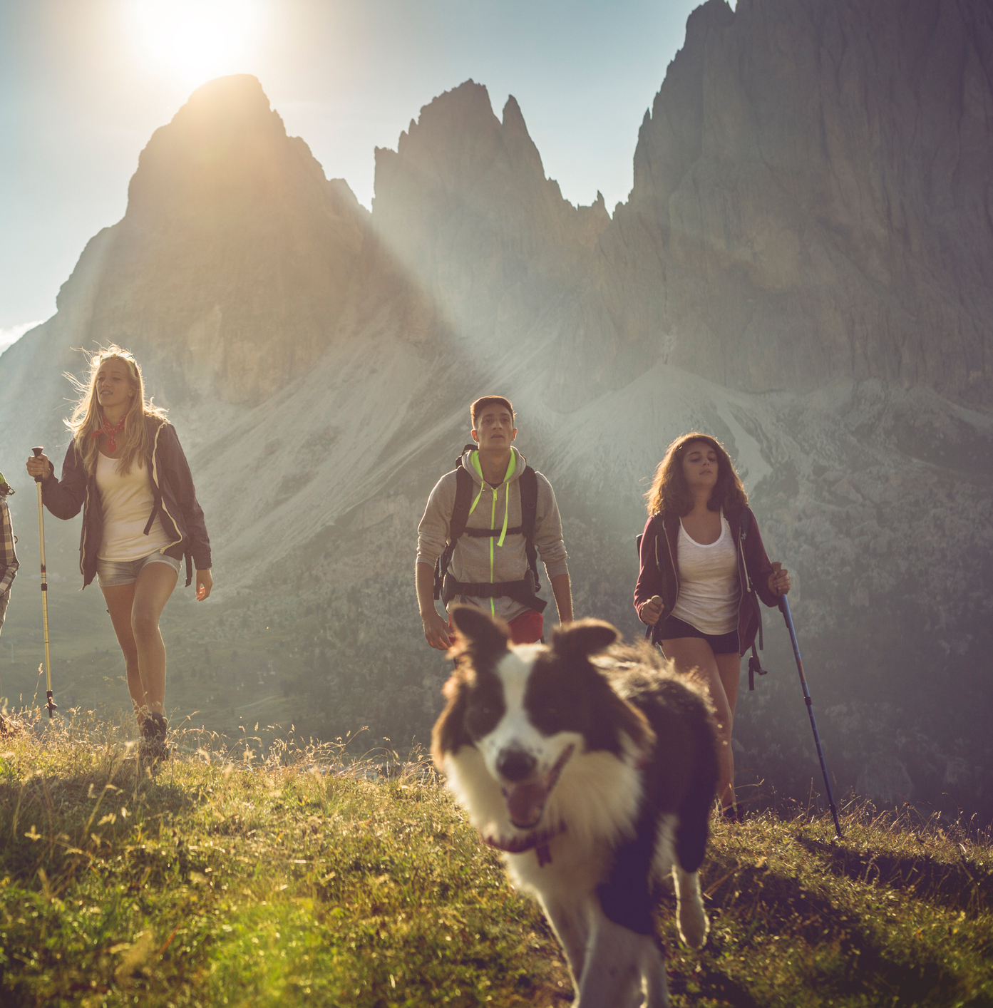 Allianz - Urlaub mit Hund: Freunde wandern mit Hund durch die Alpen
