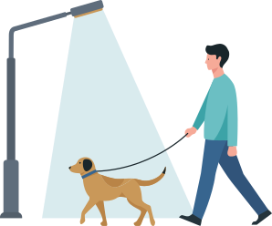 Allianz - Sichtbarkeit: Illustration Mann mit Hund an der Leine unter einer Straßenlaterne