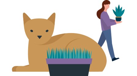 Allianz - Illustration liegende Katze hinter Pflanzentopf und Frau mit Pflanze im Hintergrund