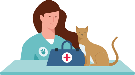 Illustration Katze sitzt neben einer Tierarzttasche auf einem Tisch, die Tierärztin steht dahinter