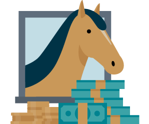 Allianz - Vitrektomie beim Pferd: Illustration - Pferd schaut aus Box, daneben Geldscheine und Münzen