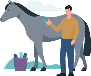 Allianz - Illustration Mann striegelt Pferd