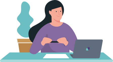 Illustration - Eine Frau sitzt an einem Schreibtisch am Laptop und hält einen Stift in der Hand.
