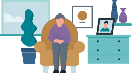 Illustration ältere Frau sitzt im Zimmer auf einem Sessel