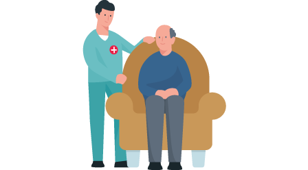 Illustration: Pfleger steht bei älterem Mann in Sessel