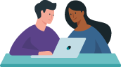 Illustration: Mann und Frau sitzen an Laptop