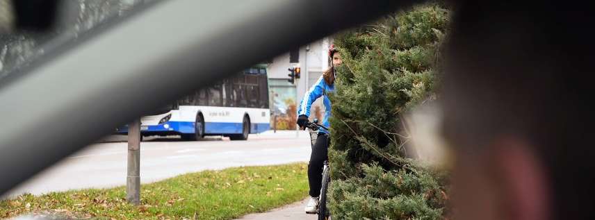 Allianz Pressemitteilung Unfallrisiken für Zweiradfahrer steigen: Das Bild zeigt die Sicht aus einem Auto auf einen Radfahrer, der hinter einem Busch hervorkommt. Der Radfahrer trägt eine blaue Jacke und einen Helm.