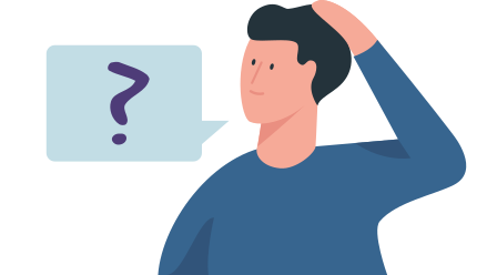 Illustration - Eine dunkelhaariger Mann mit einem blauen Shirt hat eine Sprechblase mit einem Fragezeichen neben seinem Kopf.