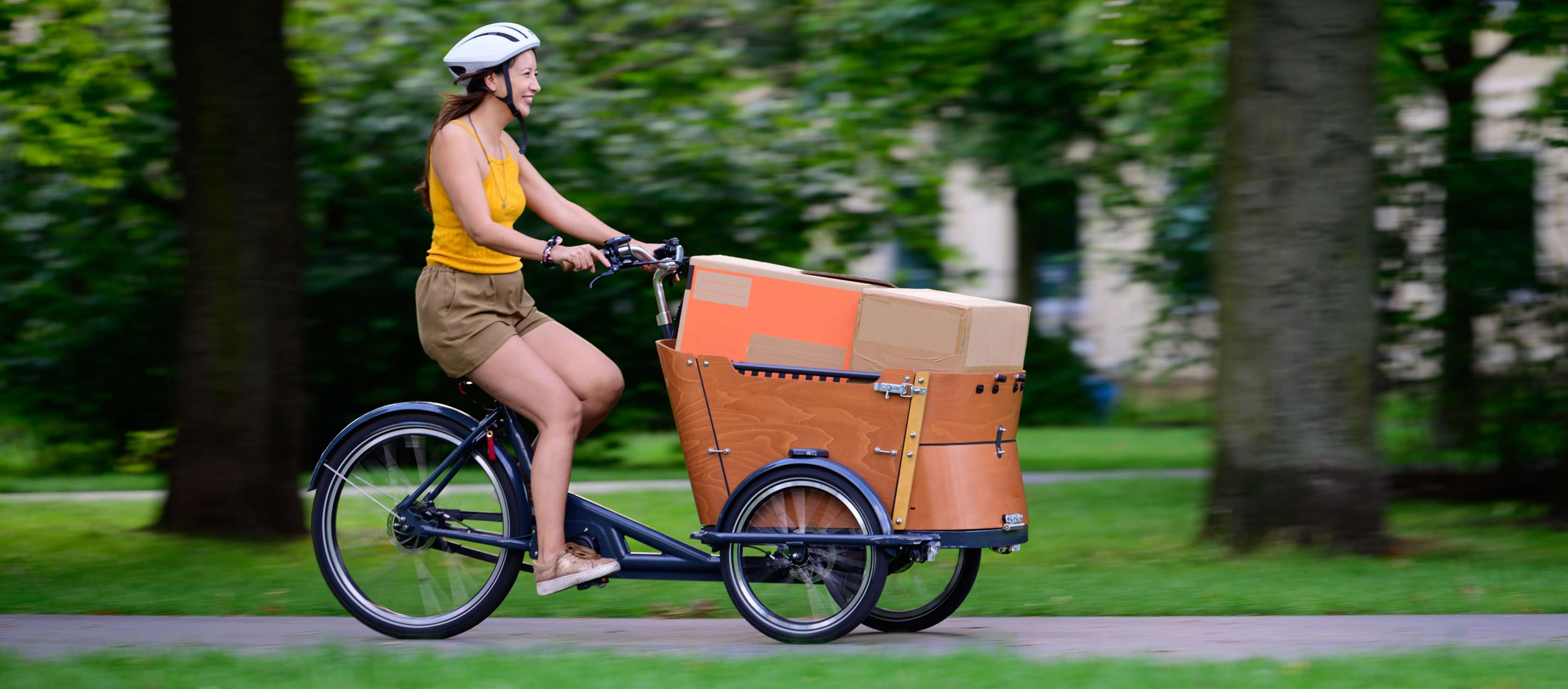 Lastenrd versichern: Eine Frau fährt mit einem Lastenrad und einem großen Paket im Lastenkorb durch einen sommerlichen Park