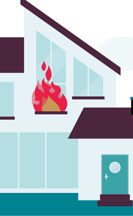 Illustration eines Hauses, bei dem aus einem Fenster Flammen aufsteigen.