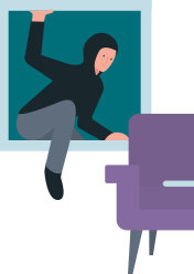 Illustration eines Einbrechers mit schwarzer Kapuze, der durch ein Fenster in ein Wohnzimmer einsteigt.
