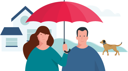  Allianz - Illustration: Mann und Frau stehen vor ihrem Haus und schützen sich mit einem Regenschirm