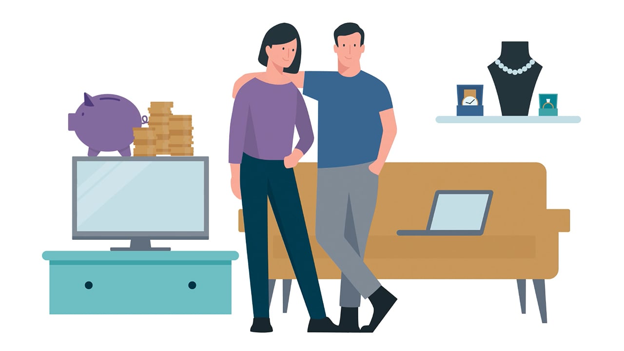 Illustration eines Paares, Mann und Frau, die Arm in Arm in ihrem Wohnzimmer stehen. Im Hintegrund ist eine Couch zu sehen, auf der ein Laptop liegt. Daneben steht ein Fernseher.