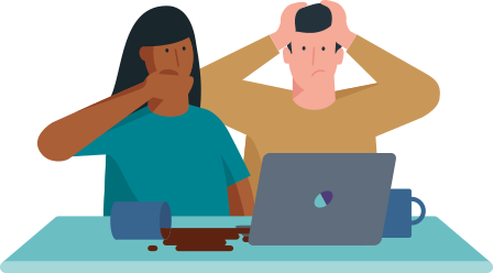Allianz - Hausratversicherung: Illustration: Eine weibliche und eine männliche Person betrachten einen Laptop, vor ihnen liegt eine umgefallene Kaffeetasse