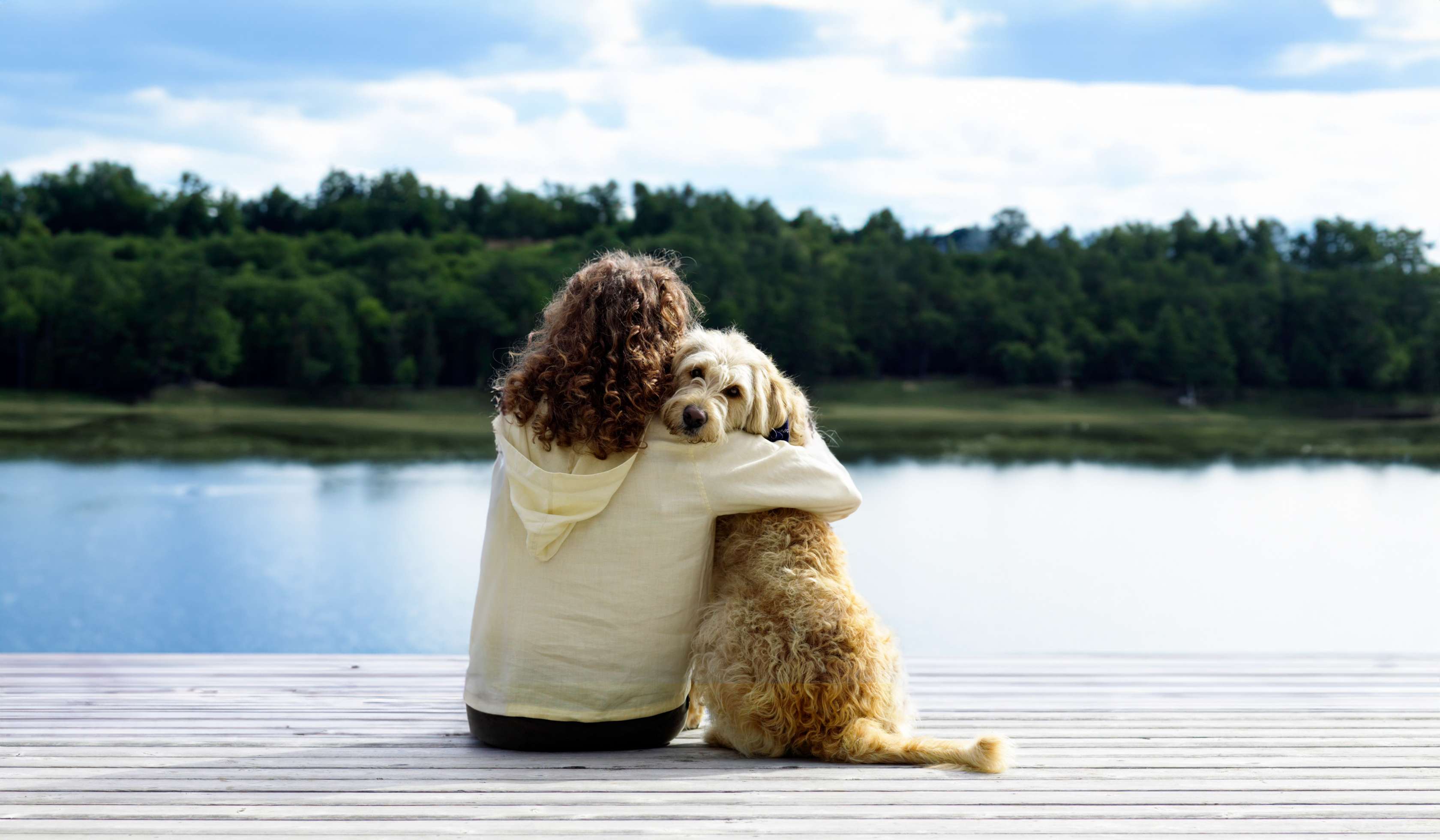 Hundehaftpflichtversicherung: Eine Frau sitzt mit einem Hund auf einem Steg am See