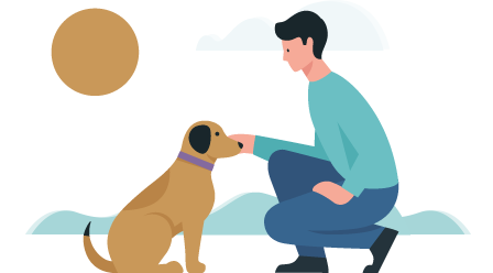 Illustration einer männlichen Person, die einen Hund streichelt